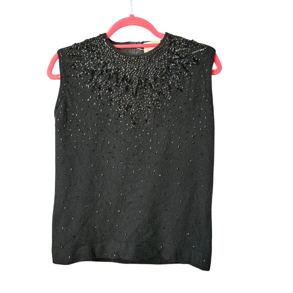 Neiman Marcus Black Beaded Blouse Wool, Angora, Rabbit Hair Blend